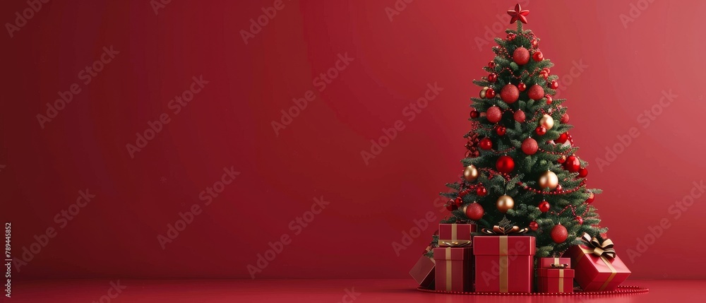 Poster a 3d rendering of a christmas tree with a gift box against a red background.