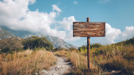 Isolated Wooden Sign Post On Village Road with mountains in the background