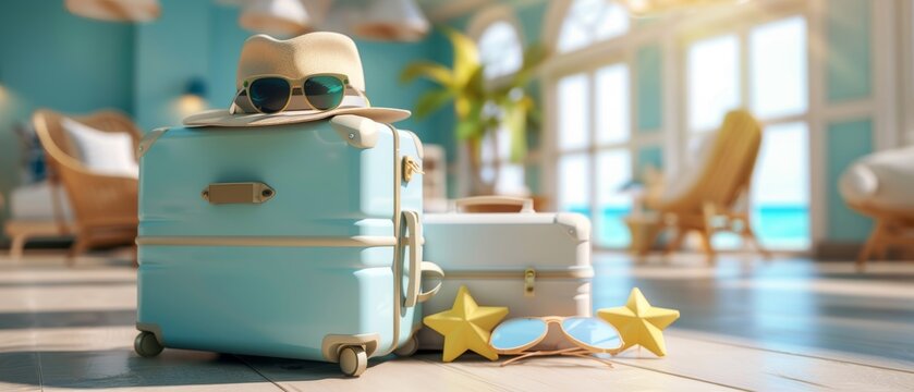 Three-dimensional rendering of hat, sunglasses, and suitcase. Travel concept.