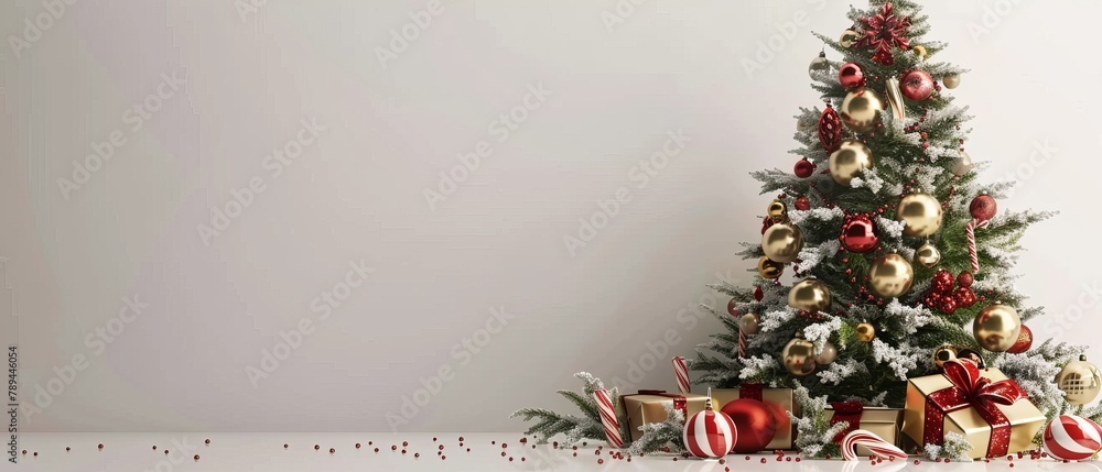 Poster three-dimensional rendering of a christmas tree with a gold ball and candy can on a white background