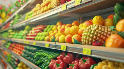 supermarket shelves with fruits and vegetables