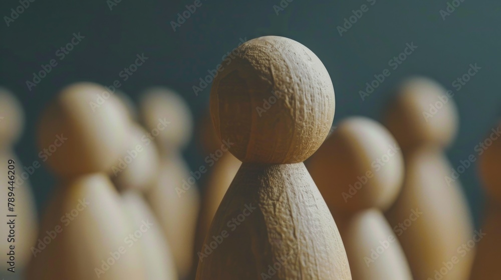 Poster group of wooden figures standing in a straight line. suitable for business concepts