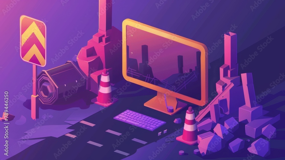 Poster it isometric representation of a website under construction, maintenance or error page. computer mon