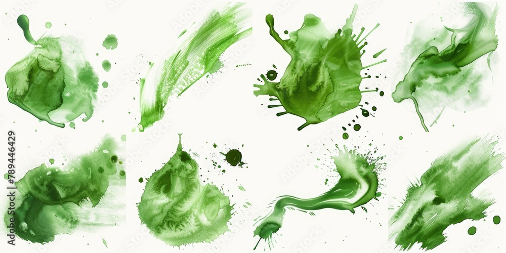 Poster Green paint splatters on a white surface, suitable for art projects