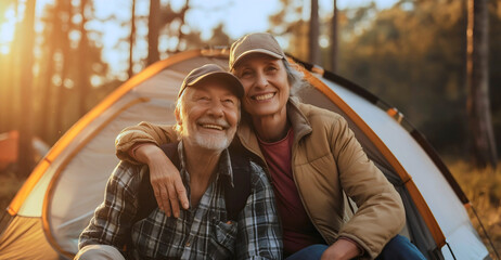 Smiling senior couple, happy old man and woman, husband and wife camping in the forest wilderness, sitting together outside the camping tent in morning sunshine. Pensioner retirement recreation - Powered by Adobe