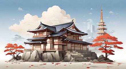 made with AI Genetive, Japanese landscape background with traditional buildings and cherry blossom plants