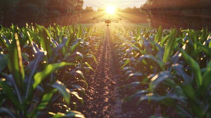 Agricultural drones fly to spray fertilizer on rows of corn plants.