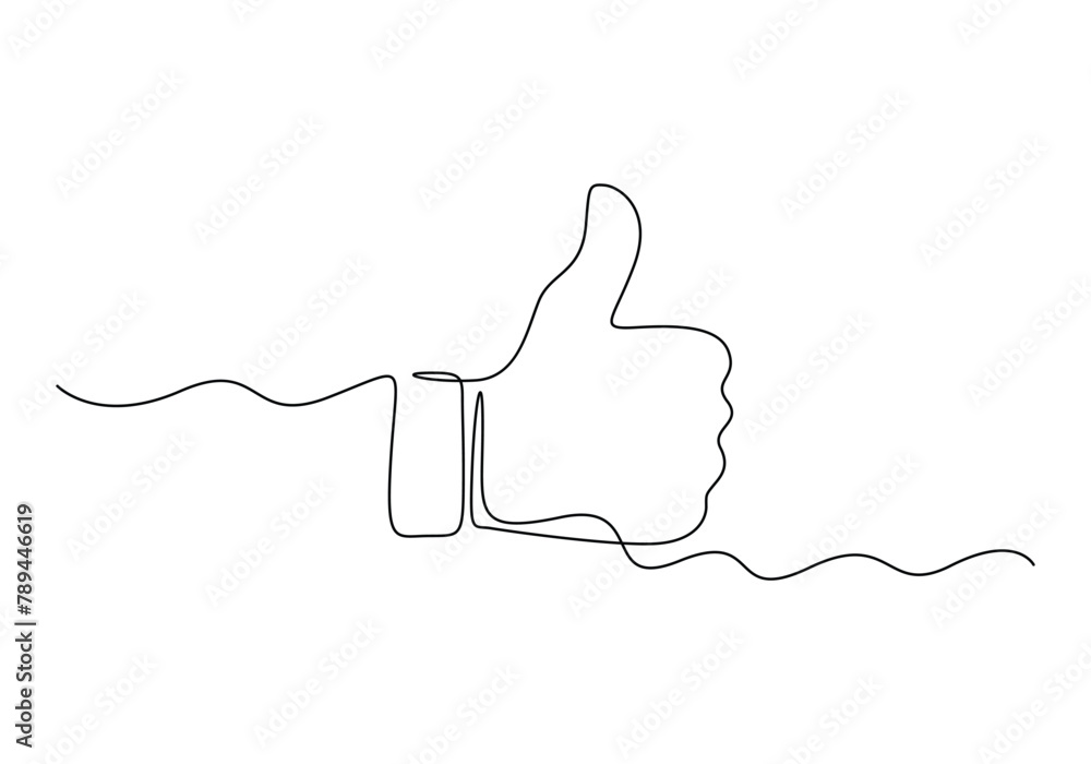 Poster one continuous line drawing of like hand showing thumb up. isolated on white background vector illus