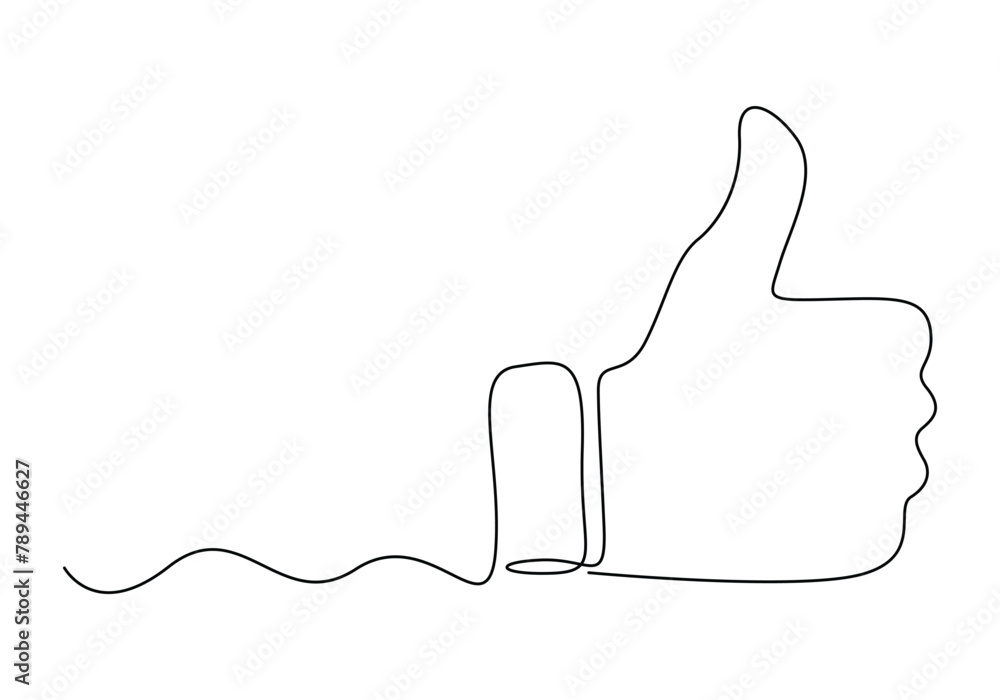 Poster one continuous line drawing of like hand showing thumb up. isolated on white background vector illus