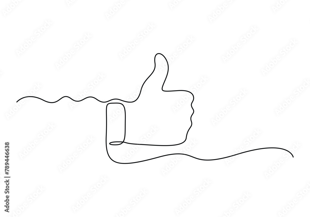 Poster one continuous line drawing of like hand showing thumb up. isolated on white background vector illus