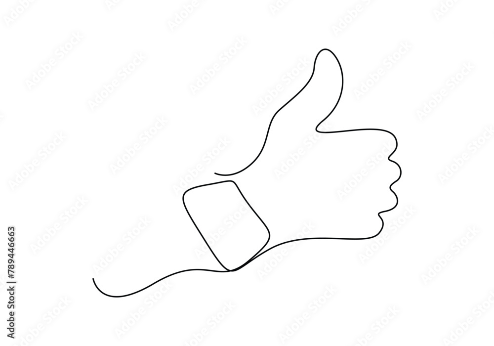 Poster one continuous line drawing of like hand showing thumb up. isolated on white background vector illus