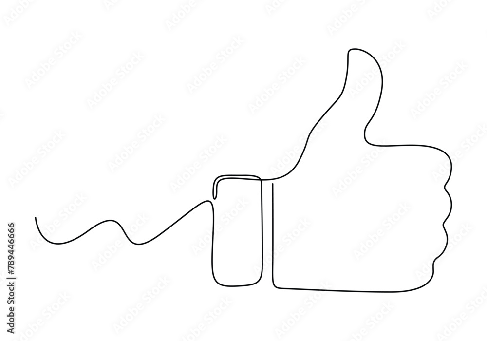 Poster one continuous line drawing of like hand showing thumb up. isolated on white background vector illus