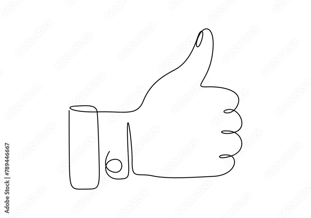 Poster one continuous line drawing of like hand showing thumb up. isolated on white background vector illus