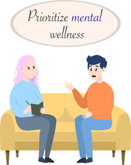 Postcard with Psychotherapy session - man talking to psychologist sitting on sofa. Mental health concept, vector illustration in flat style