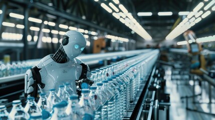 An AI robot stands and scans via its eyes light bottles of drinking water on a large industrial conveyor belt.