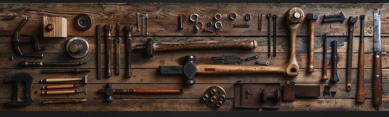 Many different tools on a wooden surface. Banner - obrazy, fototapety, plakaty