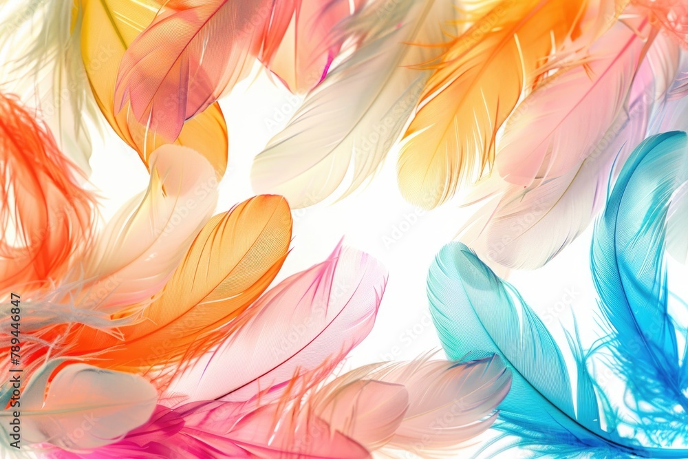 Poster Colorful feathers arranged on a clean white backdrop. Ideal for creative projects and design concepts