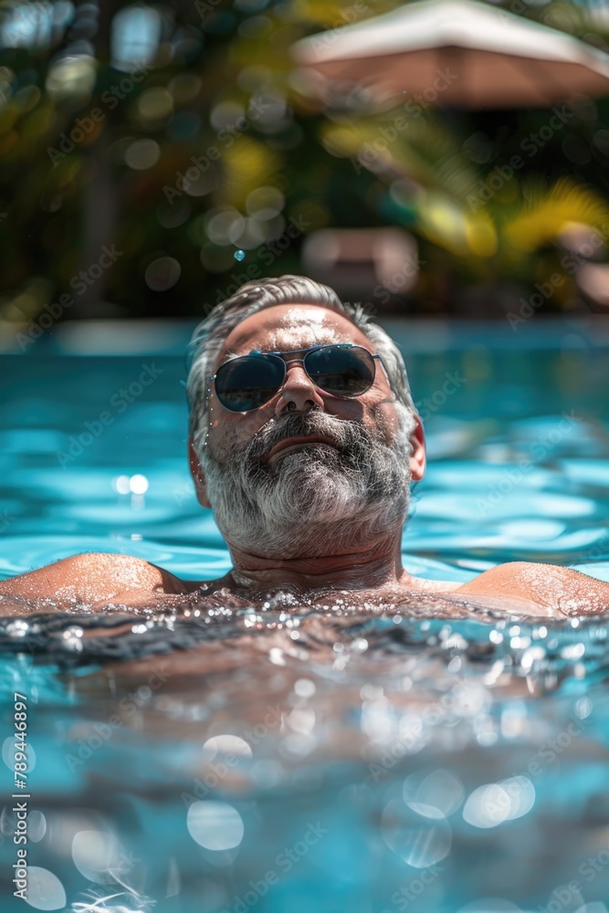 Aufkleber a man wearing sunglasses floating in a pool. perfect for summer and vacation concepts
