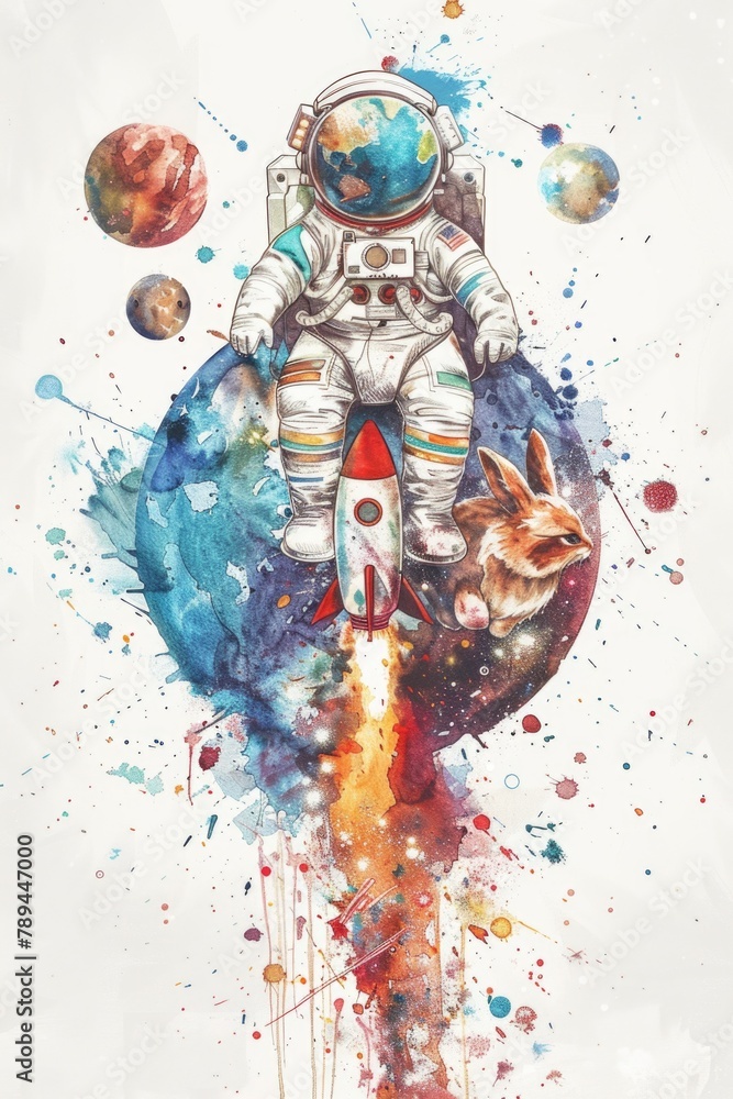 Poster colorful watercolor painting of an astronaut riding a rocket. perfect for science and space-themed d