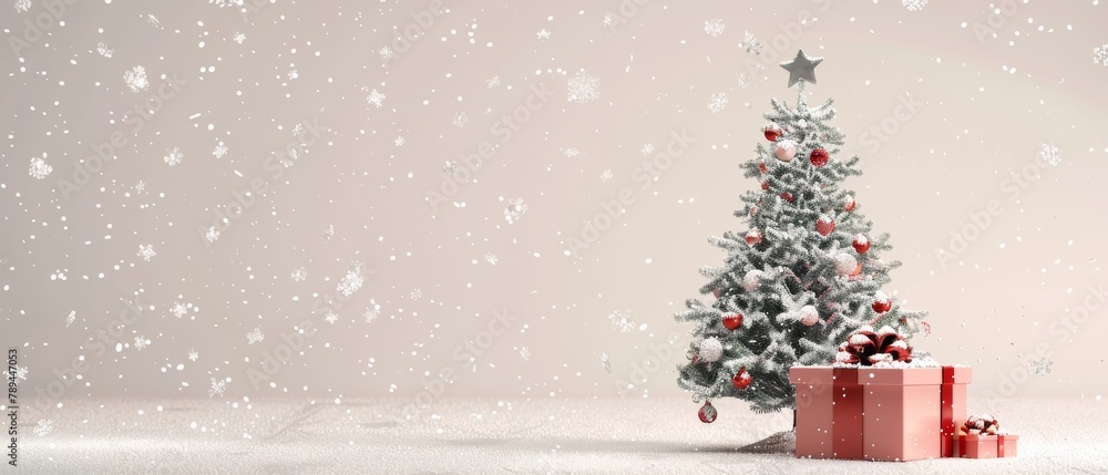Poster three-dimensional rendering of a christmas tree with a gift box and falling snow on a white backgrou