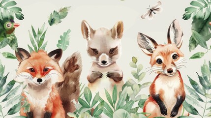 Obraz premium A beautiful painting featuring three foxes and a delicate butterfly. Ideal for nature-themed designs