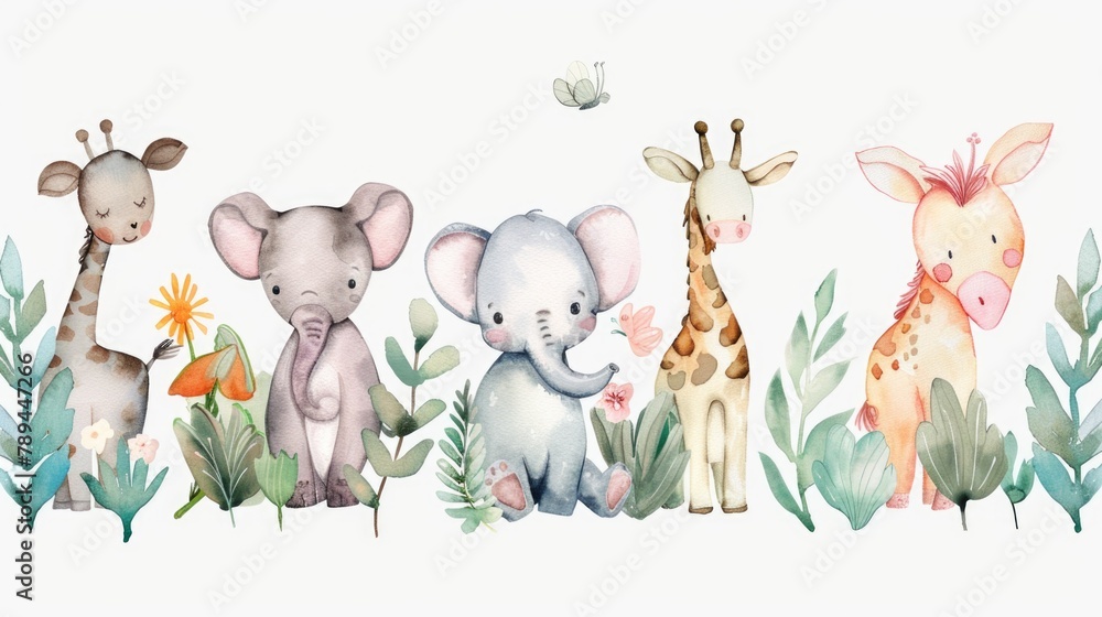 Canvas Prints Group of giraffes and elephants standing in grass. Suitable for wildlife or safari themes