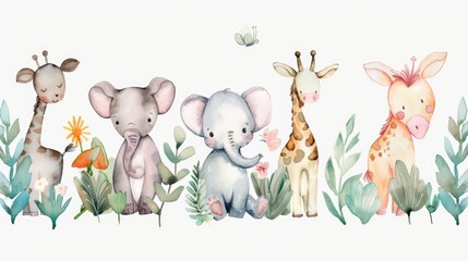 Fototapeta premium Group of giraffes and elephants standing in grass. Suitable for wildlife or safari themes