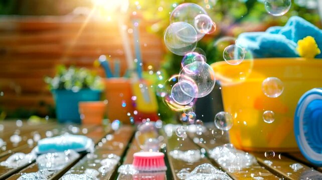bucket scene with soap bubbles, animation video looping motion	
