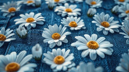 A bunch of white flowers on a blue cloth. Perfect for spring or summer concepts - Powered by Adobe