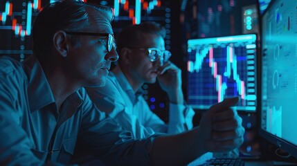 Brokers, investors on the stock market discussing trading charts, growth reports using PC computers, looking at analysis screens, investment strategies, financial risks.