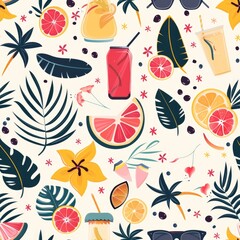 Colorful seamless pattern of tropical fruits and drinks. Perfect for summer designs