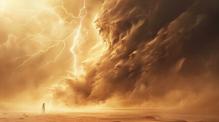 Raging Sandstorm Symphony with Lightning. Concept Extreme Weather Photography, Natural Disasters, Storm Chasing, Dramatic Sky, Power of Nature - obrazy, fototapety, plakaty