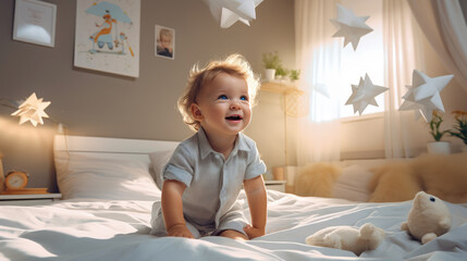 generated illustration Cute happy baby girl playing on the bed