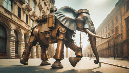 Iron robot elephant walks along a street.