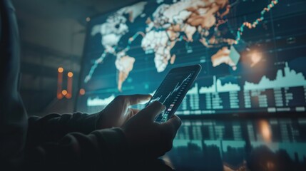 Businessman trading stocks, currencies around the world, showing floating graphics on mobile phone with graph screen.