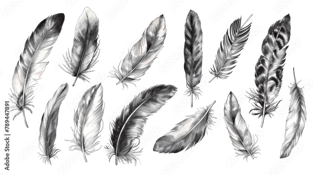 Poster detailed drawing of assorted feathers, suitable for various design projects