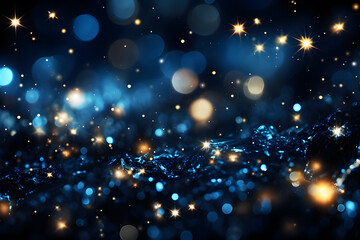 Holographic blue backlight falling in at night on blur black background. Beautiful effect light sparkling meteors. Realistic clipart template pattern. Abstract Texture Background.