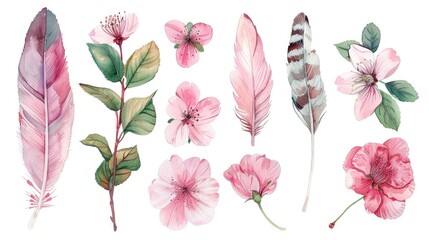 Beautiful watercolor flowers and feathers, perfect for various design projects