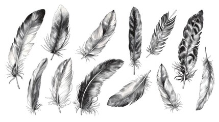 Detailed drawing of assorted feathers, suitable for various design projects