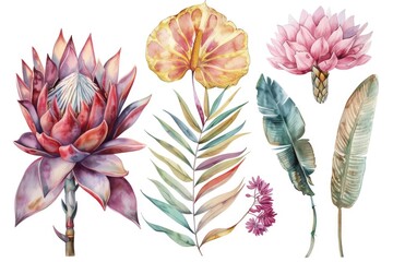 Beautiful watercolor flowers and leaves set for various design projects
