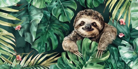 Naklejka premium A cute sloth hanging from a tree. Perfect for nature lovers