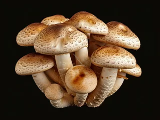 Fotobehang Group of assorted mushrooms on a black background with a black and white composition © SHOTPRIME STUDIO