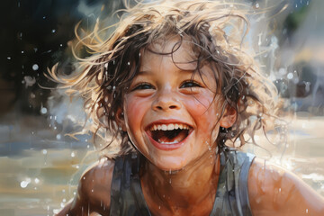 generated illustration joyful child  playing with water outdoors,laughing and excited. - obrazy, fototapety, plakaty