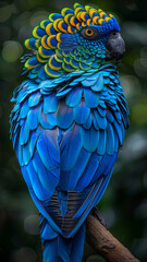 Obraz premium An exotic bird, blue feathers, with bright green circles on the feathers, it is very colorful and is in nature,generative ai