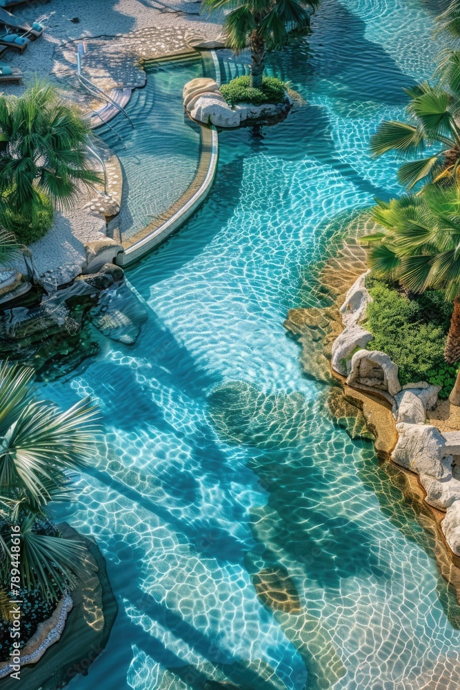 Poster relaxing view of a pool with a waterfall and tropical palm trees. perfect for travel and vacation co