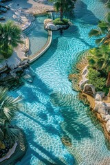 Relaxing view of a pool with a waterfall and tropical palm trees. Perfect for travel and vacation concepts