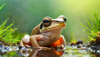 Close up of a small palm frog on the wet ground.