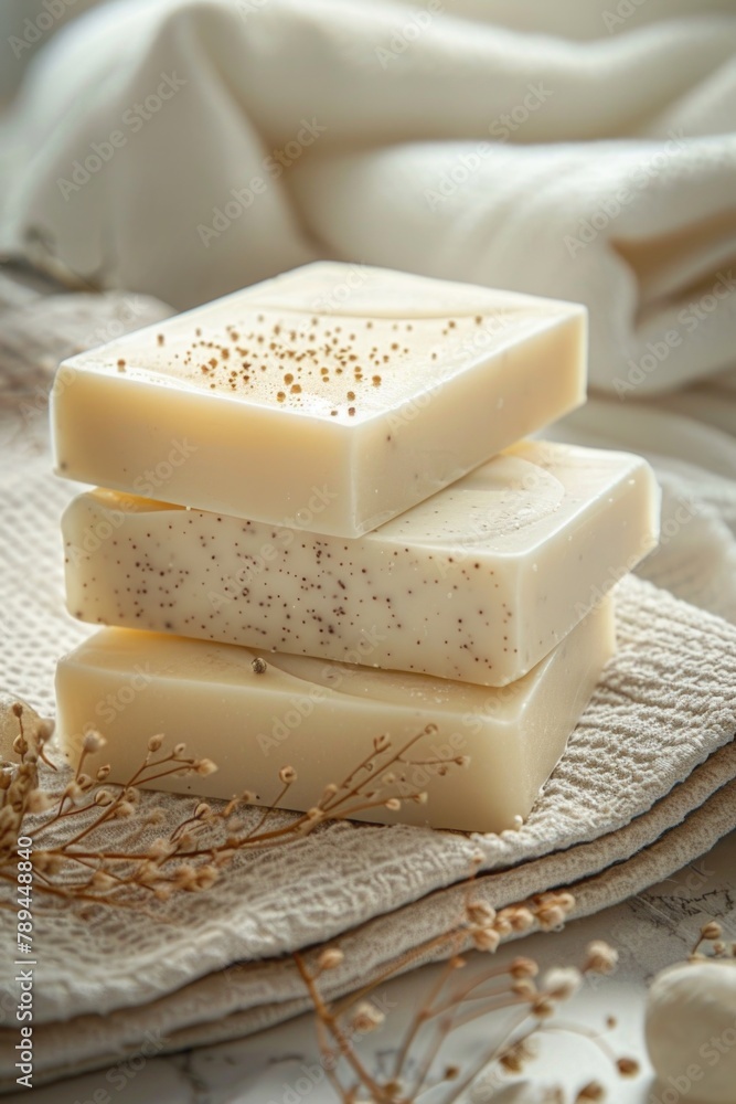Poster Stack of soap bars sitting on top of a towel. Perfect for hygiene or spa concepts