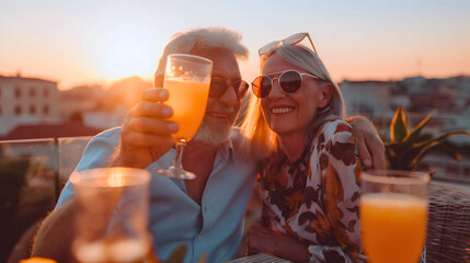 Old senior couple, happy man woman drinking orange juice, husband wife hugging and sitting at a table on rooftop, dinner during the evening sunset, luxury enjoy and relax, retirement toasting summer