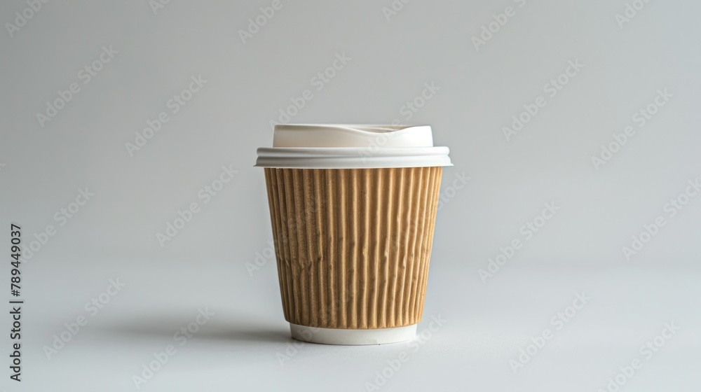 Poster a simple coffee cup with a lid and paper sleeve. suitable for various business and office concepts
